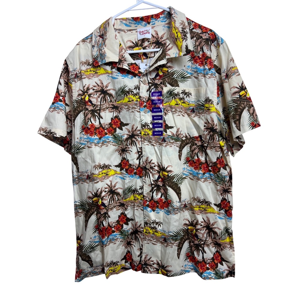 Barefoot‎ in Paradise Men's Medium M Hawaiian Shirt Palm Toucan Beach Vacation